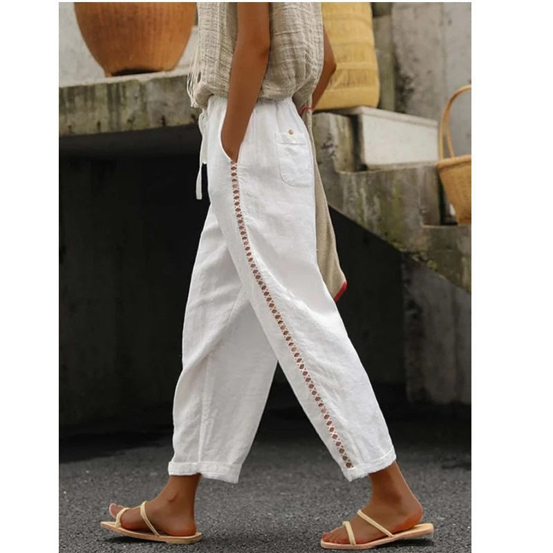 Women's Cotton Straight Leg Pants with Side Crochet Detail
