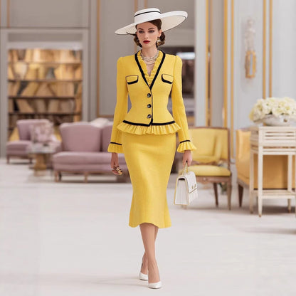 Elegant Colorblock Peplum Jacket Midi Skirt Matching Set