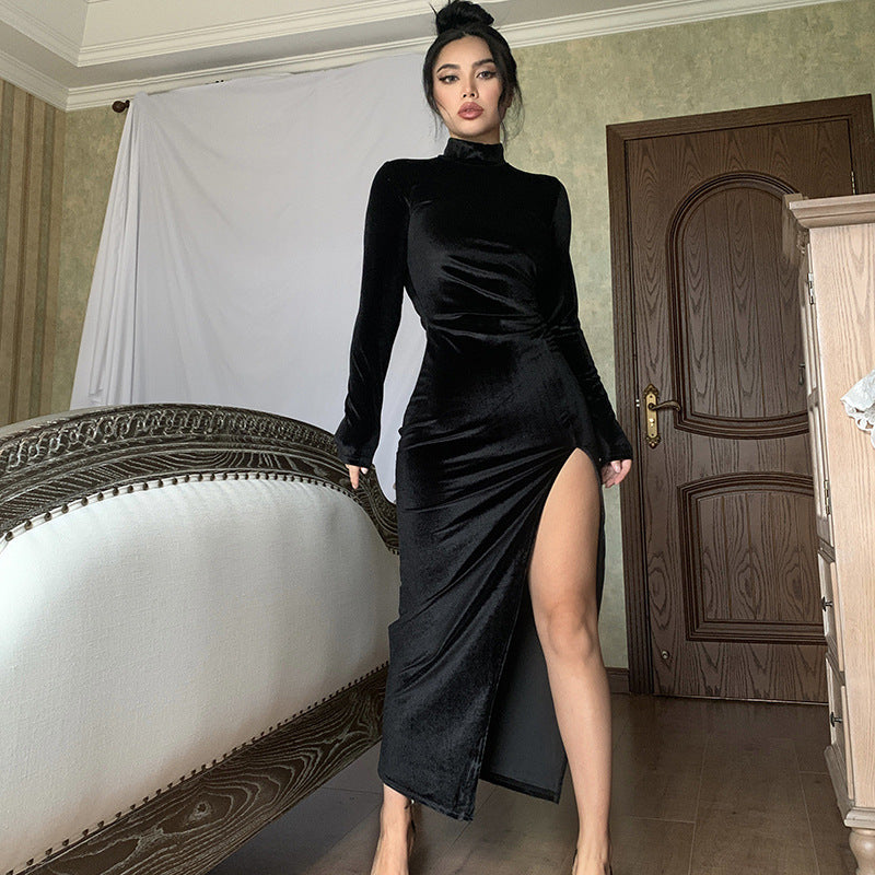 Women's Velvet Mock Neck Long Sleeve Ruched Slit Maxi Dress