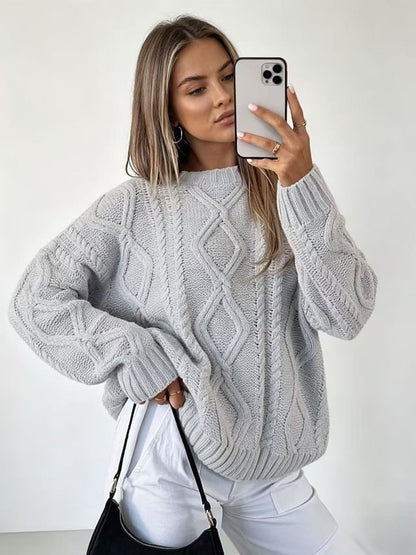 Womens Oversized Cable Knit Crew Neck Pullover Sweater