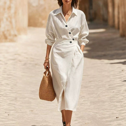 Women's Linen Shirt Dress Collared Wrap Midi Long Sleeve