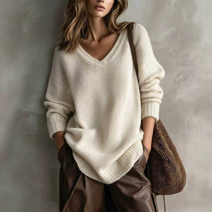 Women's V-Neck Knit Pullover Sweater Long Sleeve Casual
