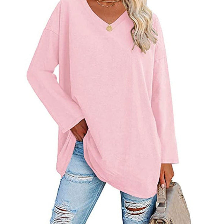 Women's Oversized V-Neck Long Sleeve Loose Fit T-Shirt