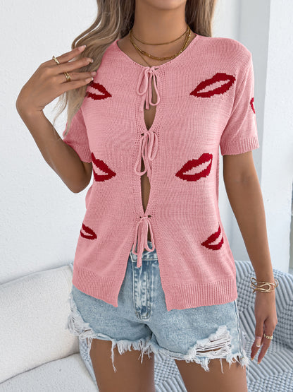 Lips Pattern Tie Front Knit Cardigan Sweater Top