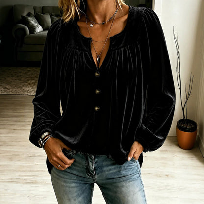 Women's Velvet V-Neck Balloon Sleeve Button Blouse