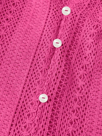 Hollow Knit V Neck Button Front Lace Blouse for Women
