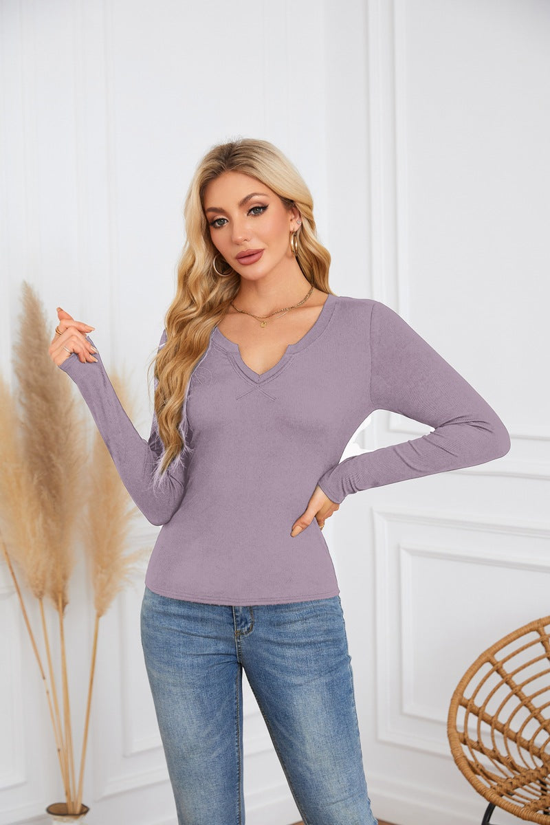 Ribbed Deep V Neck Slim Fit Long Sleeve Tee