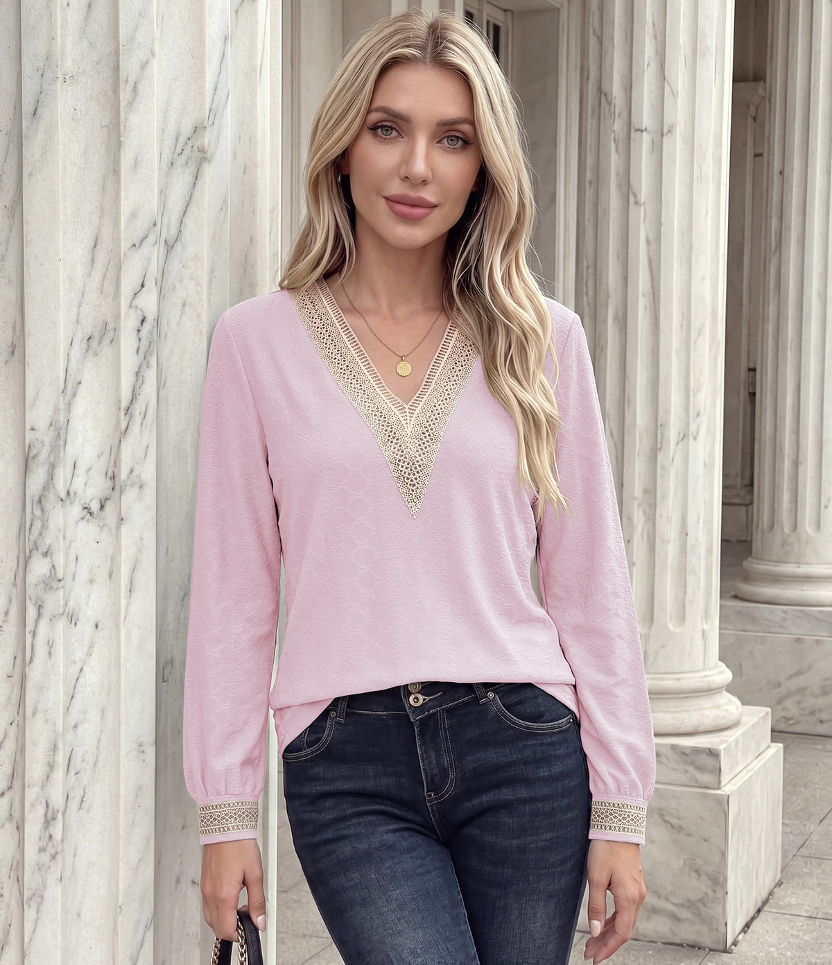 Women's Lace Trim V Neck Long Sleeve Tunic Top