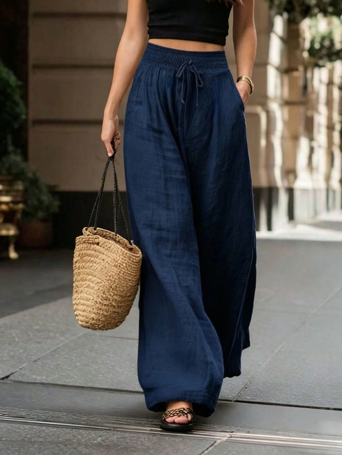 Women's Smocked High Waist Linen Blend Wide Leg Pants