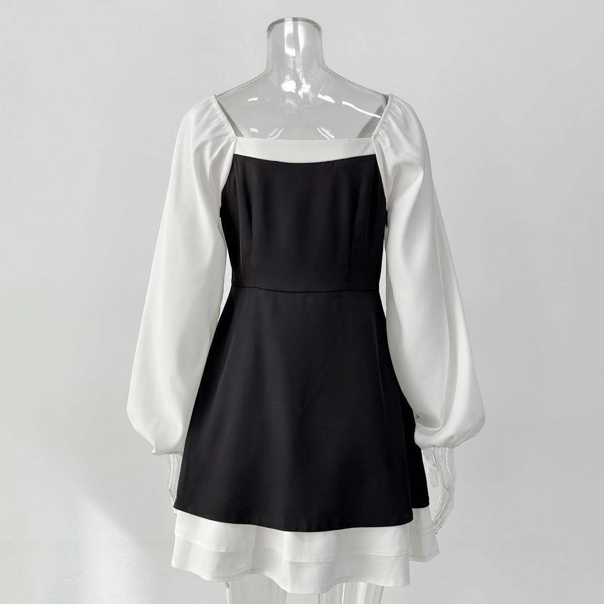 Black White Square Neck Puff Sleeve Ruffle A-Line Dress