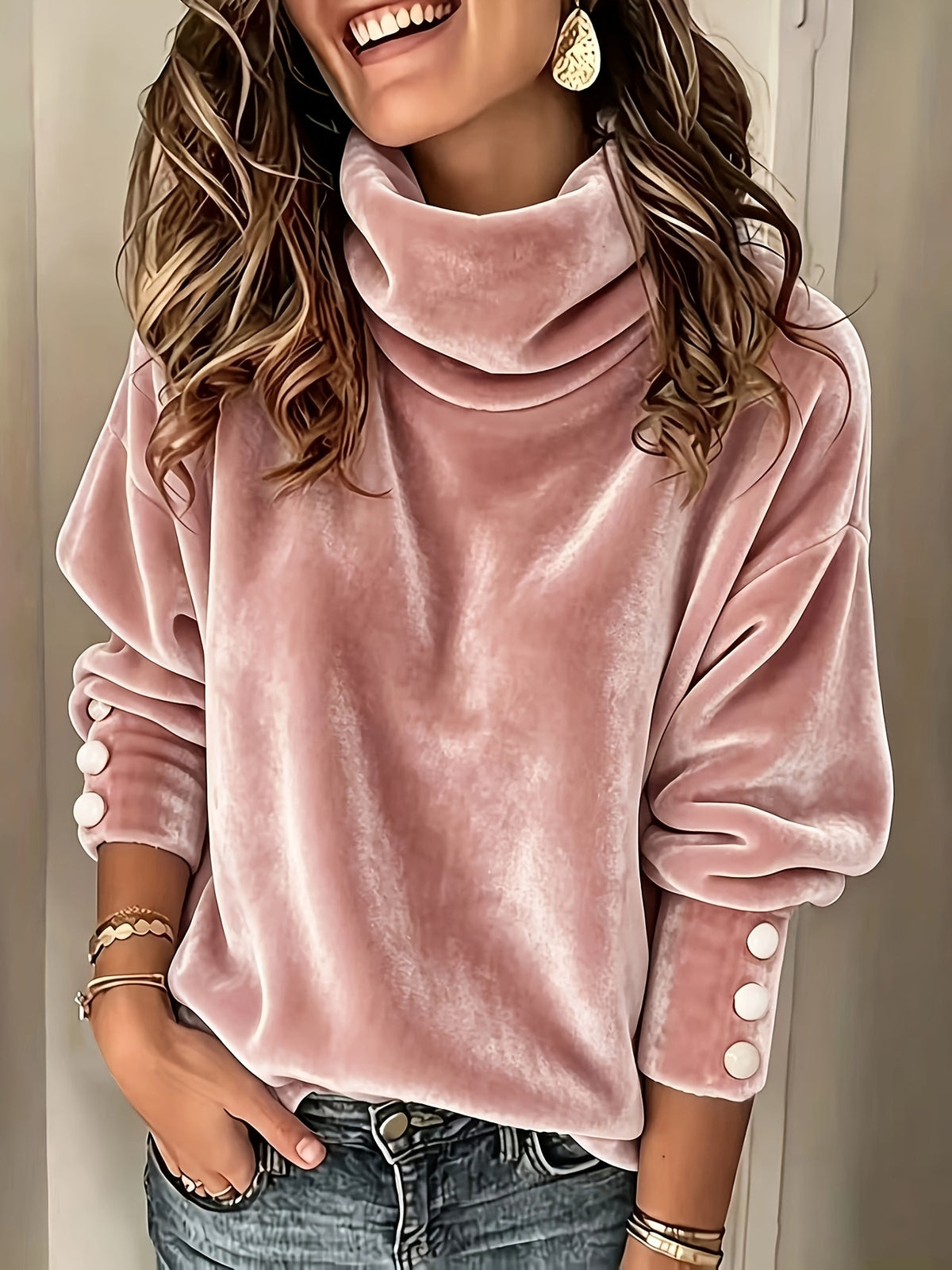 Cowl Neck Fleece Pullover Button Cuff Batwing Sleeve