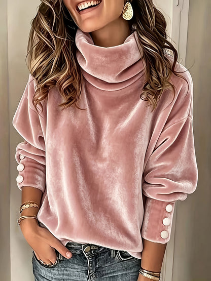Cowl Neck Fleece Pullover Button Cuff Batwing Sleeve
