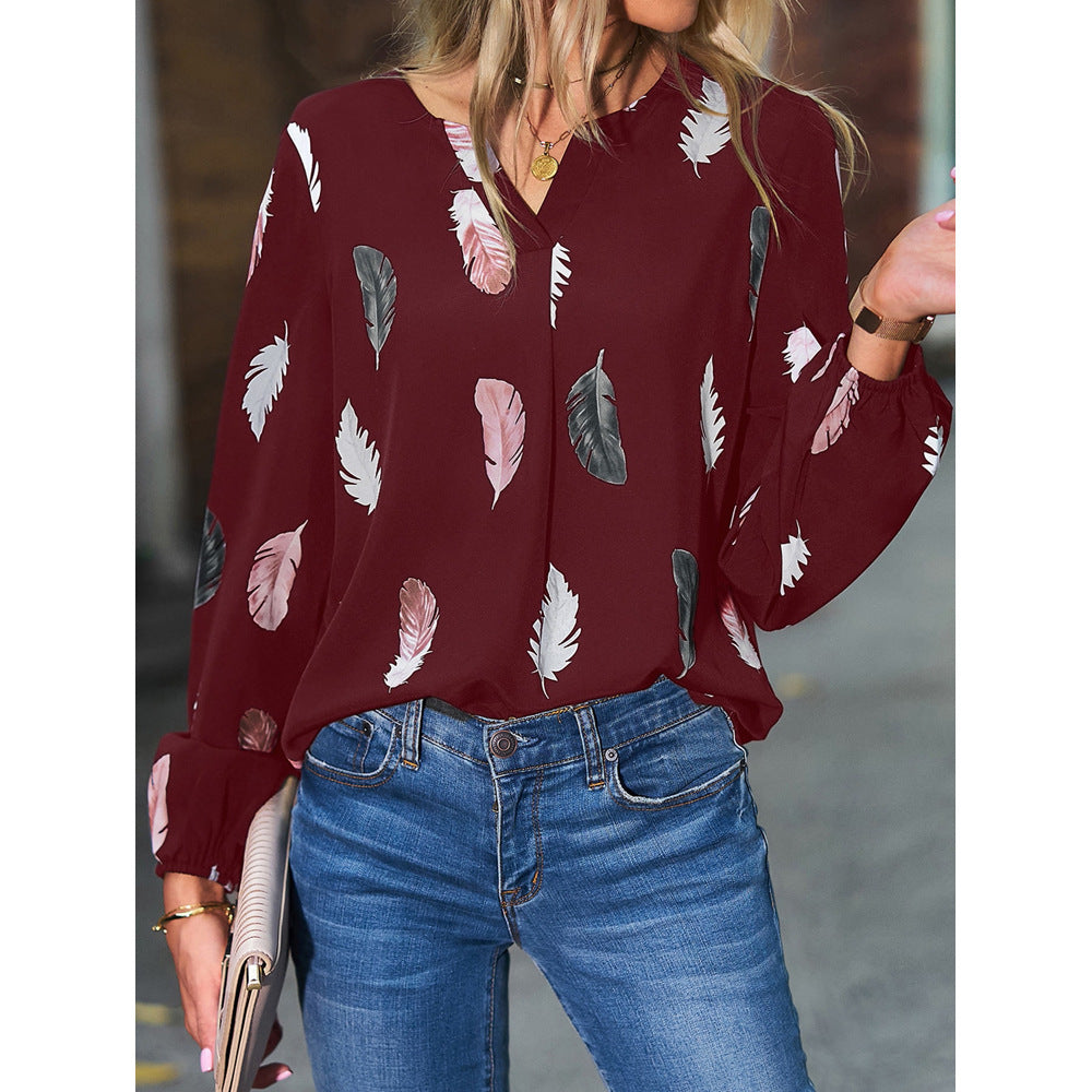 Feather Print V Neck Chiffon Blouse Long Sleeve Top