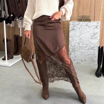 Women Satin Lace Patchwork Midi Skirt Bodycon