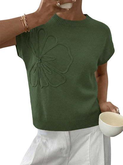 Floral Knit Sweater Short Sleeve Textured Summer Top