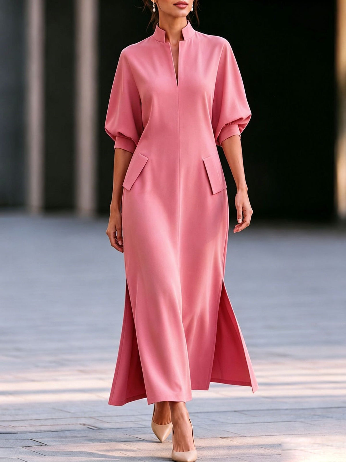 Elegant Mandarin Collar Balloon Sleeve Slit Maxi Dress