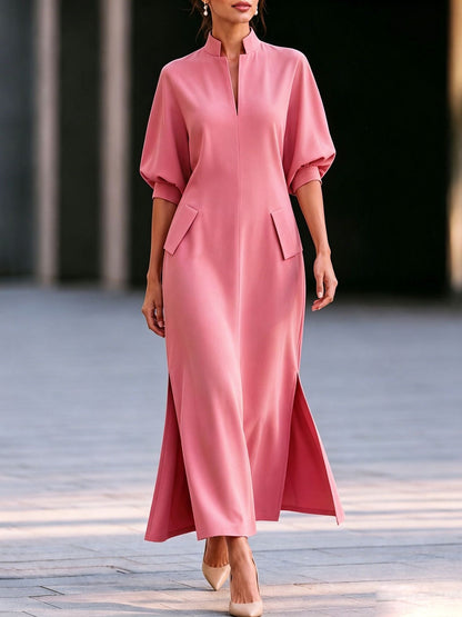 Elegant Mandarin Collar Balloon Sleeve Slit Maxi Dress
