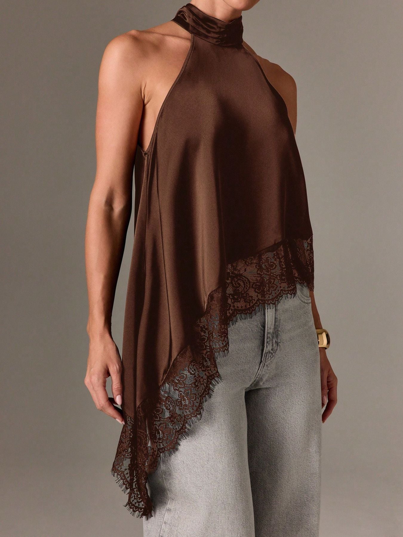 Satin Lace Trim Halter Tank Sleeveless Summer Top