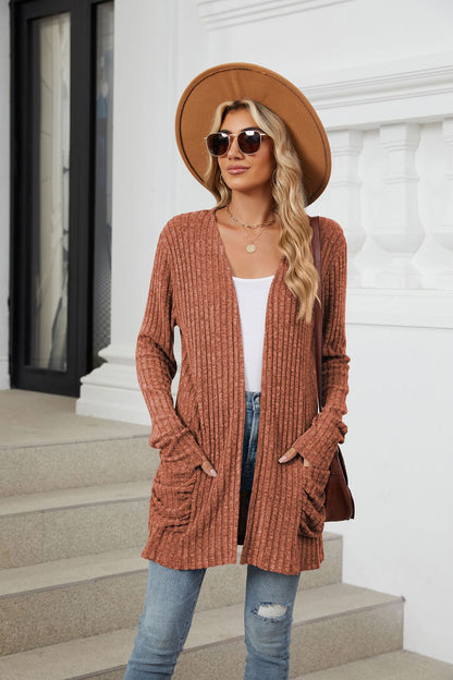 Orange red Ribbed Knit Long Sleeve Cardigan with Side Pockets