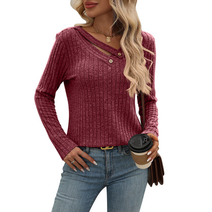 Ribbed V Neck Button Detail Long Sleeve Knit Top