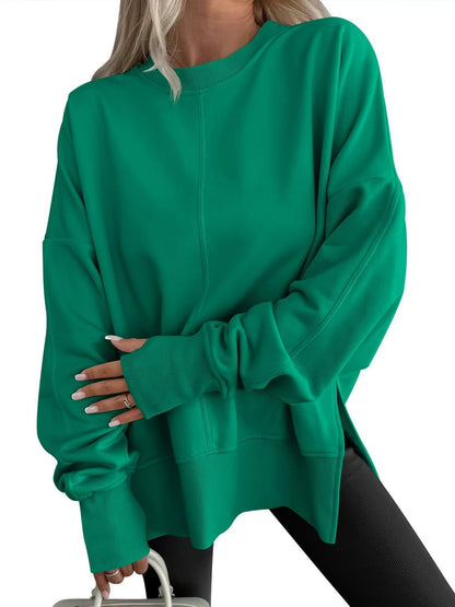 Oversized Crewneck Sweatshirt Batwing Side Slit Fleece