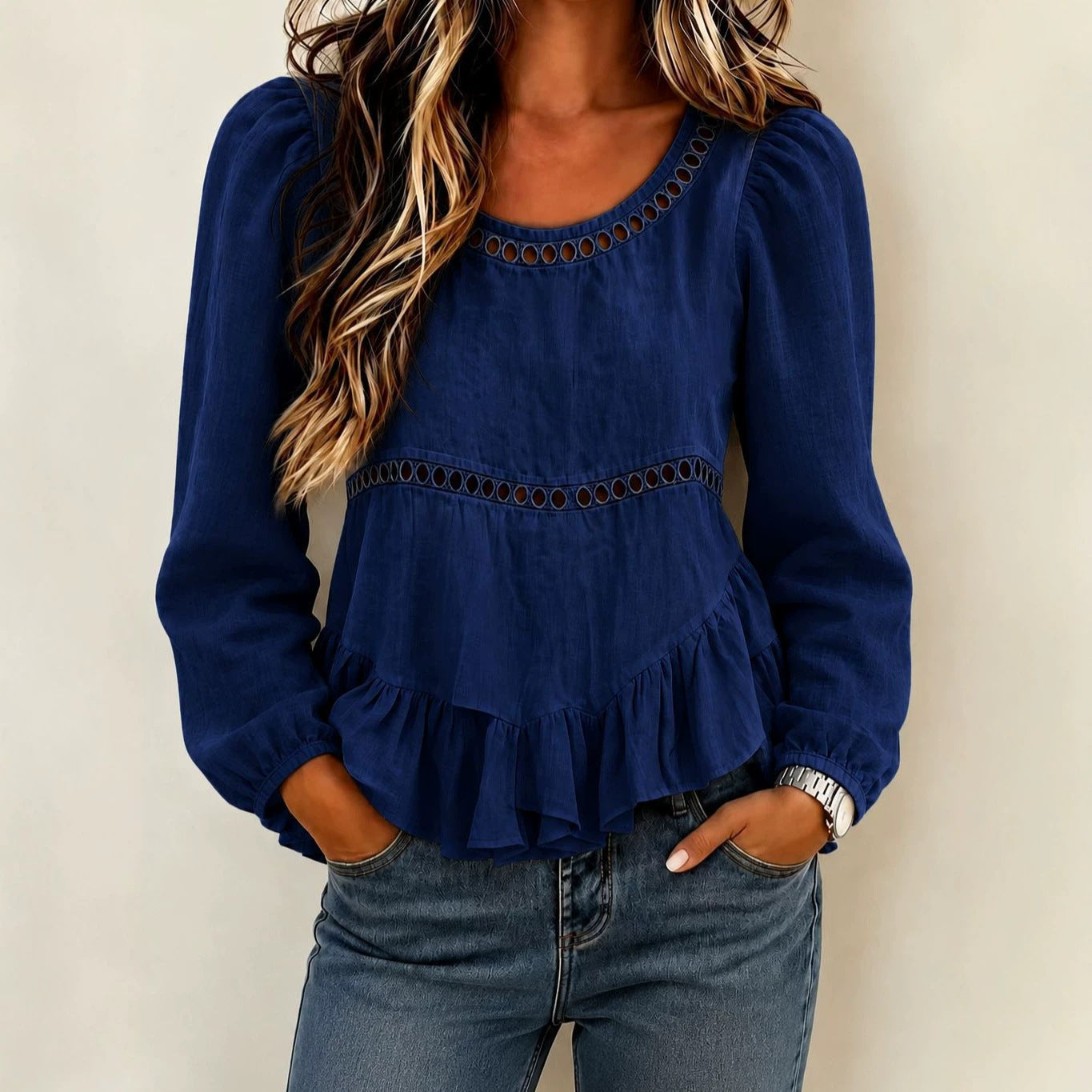 Women's Puff Sleeve Crochet Trim Peplum Cotton Linen Blouse