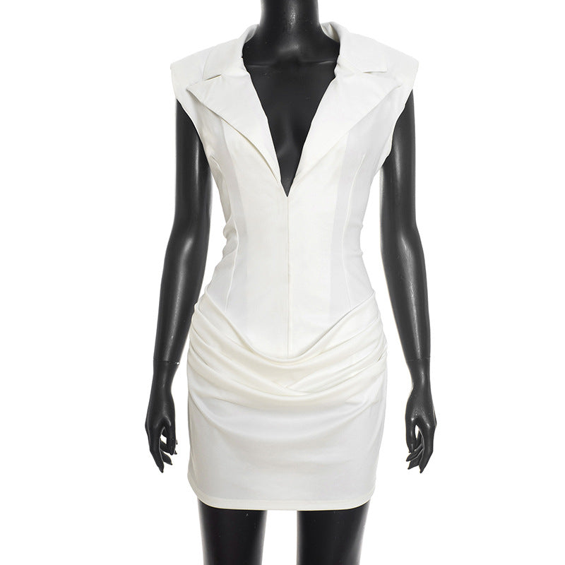 Sleeveless Deep V Blazer Ruched Bodycon Mini Dress