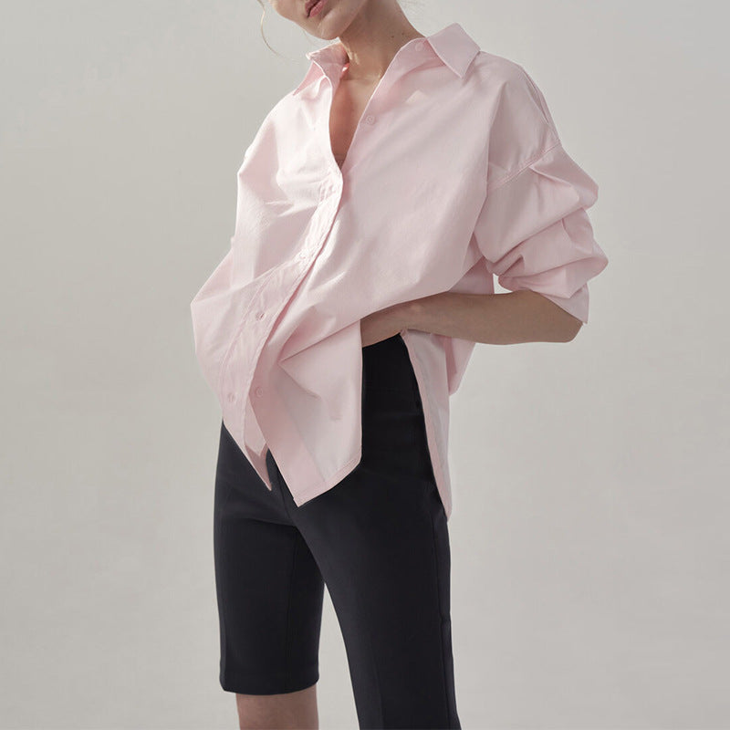 Women’s Cotton Mid-Length Button-Up Shirt Loose Casual Top