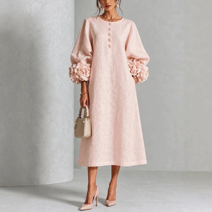Women's Linen Midi Dress 3D Floral Cuff Button Front