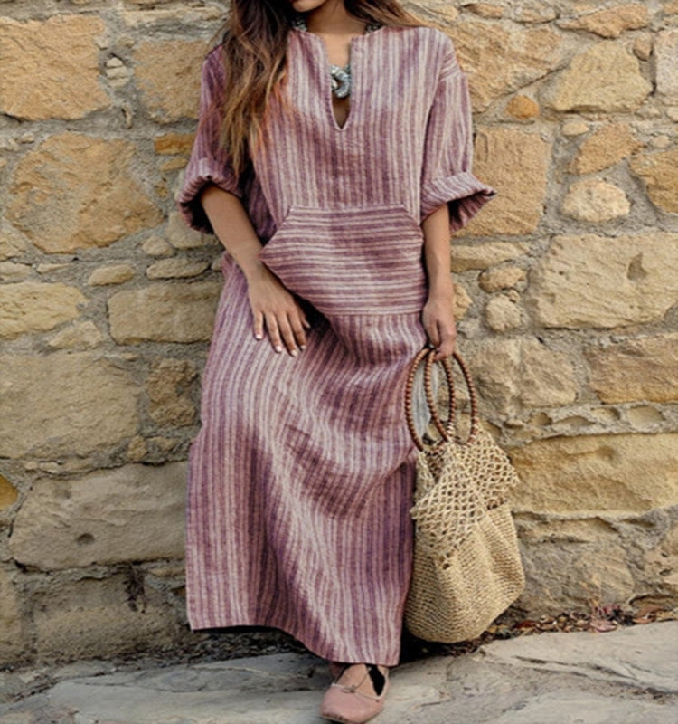 Women Striped Cotton Linen Maxi Dress Casual Loose Pockets