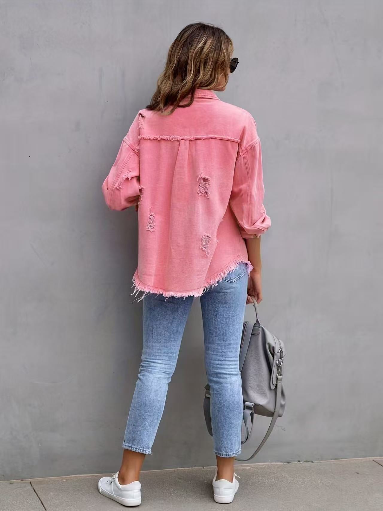 Hot Pink Distressed Denim Jacket Oversized Button Down