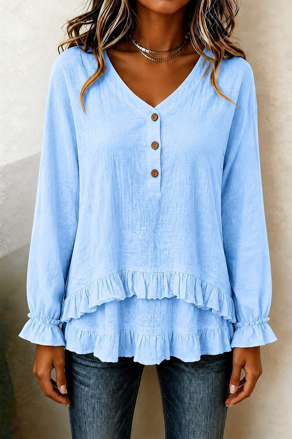 Women's V Neck Ruffle Long Sleeve Tiered Blouse