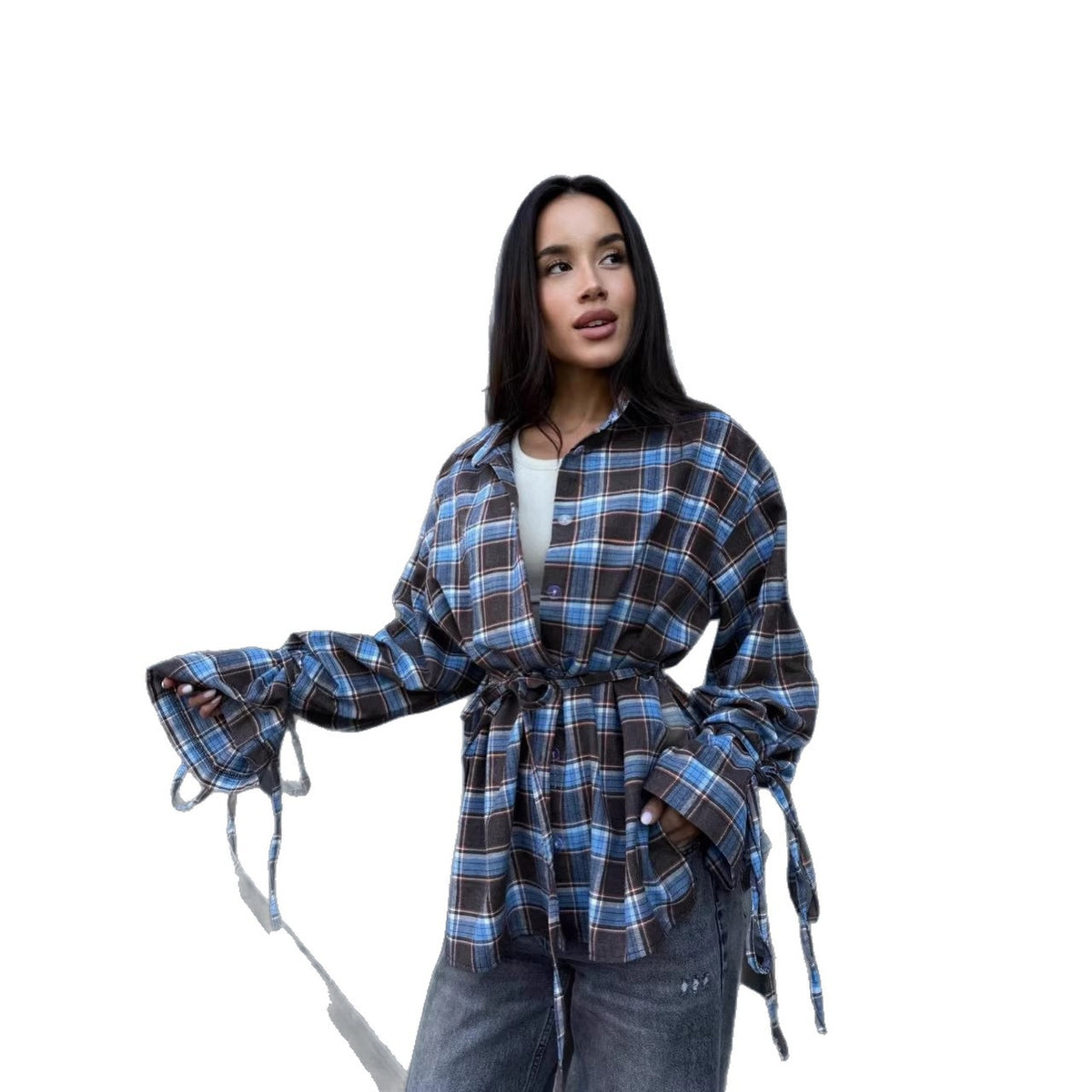 Oversized Plaid Tie Waist Long Sleeve Shirt Women