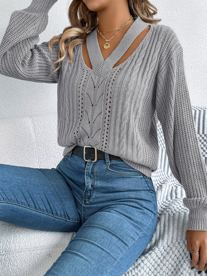 Hollow Out V Neck Cable Knit Lantern Sleeve Sweater