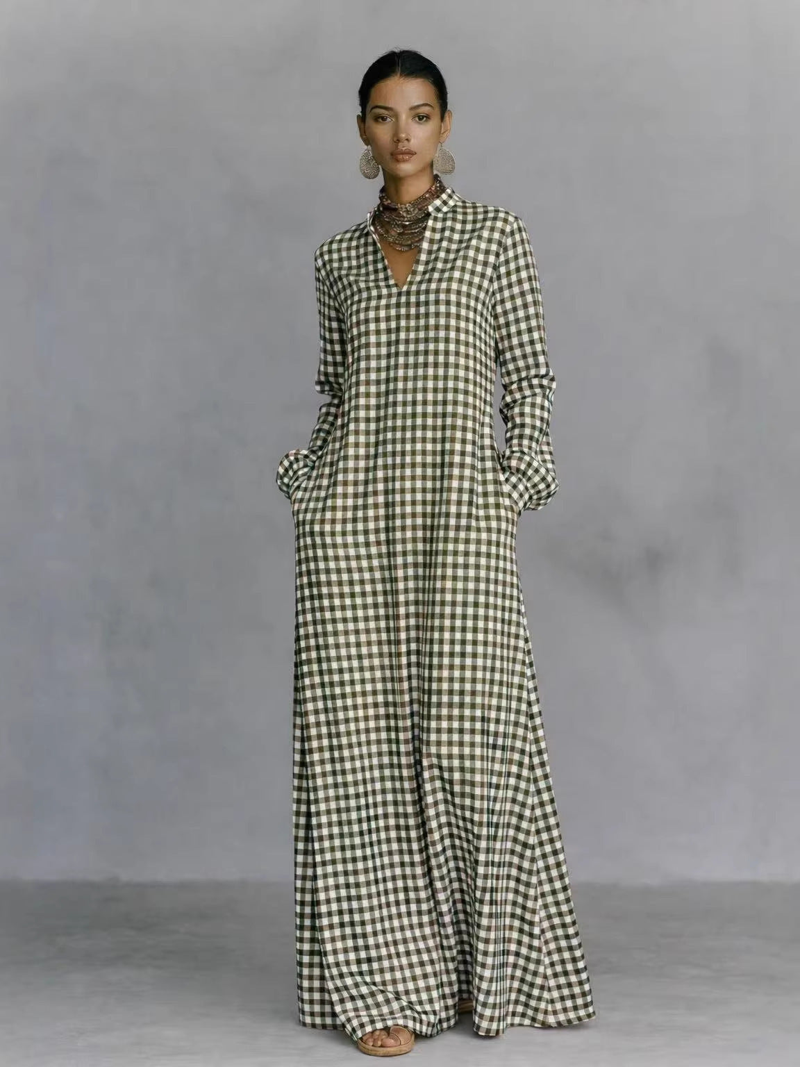Women's Plaid V-Neck Maxi Shirt Dress Long Sleeve Flowy