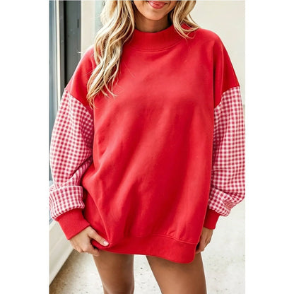 Plaid Sleeve Oversized Mock Neck Fleece Sweatshirt