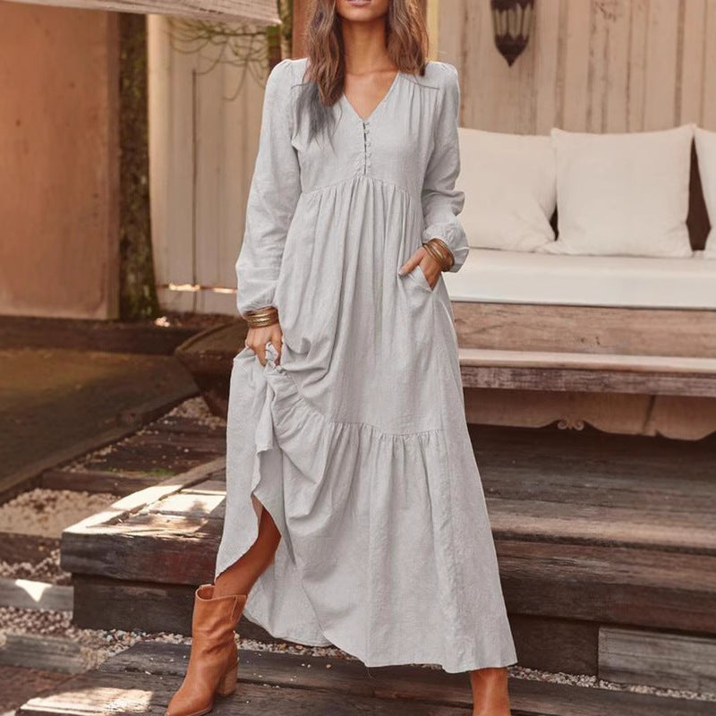Boho Cotton Linen Button Down Long Sleeve Tiered Maxi Dress