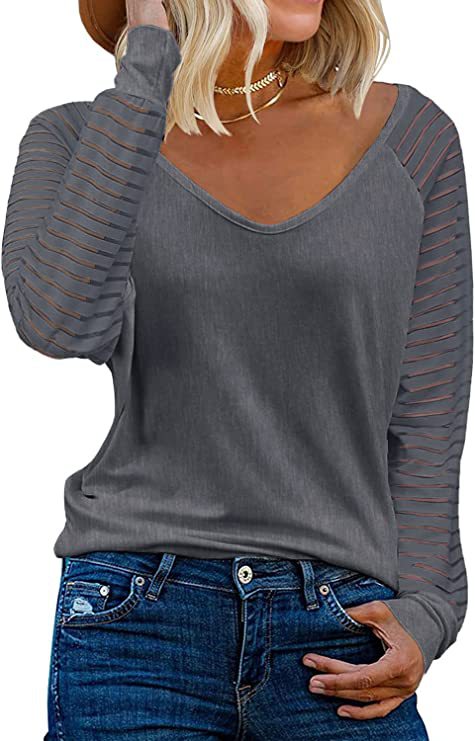 Striped Sleeve V Neck Cotton Long Sleeve Top