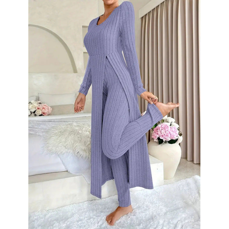 Women's Ribbed Knit Side Split Long Sleeve Two Piece Set