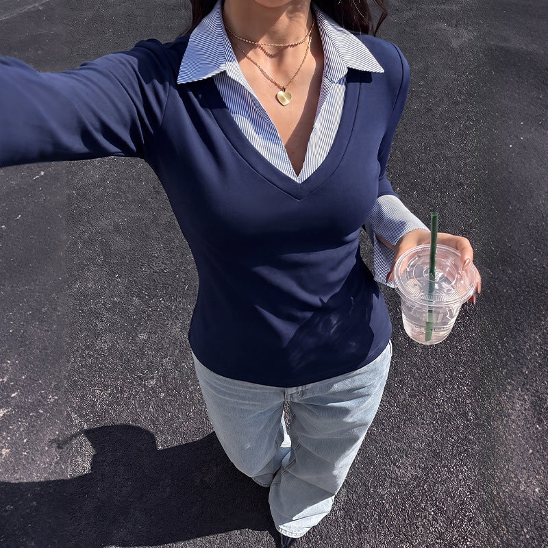 Layered Look V Neck Top Striped Collar Flare Sleeve