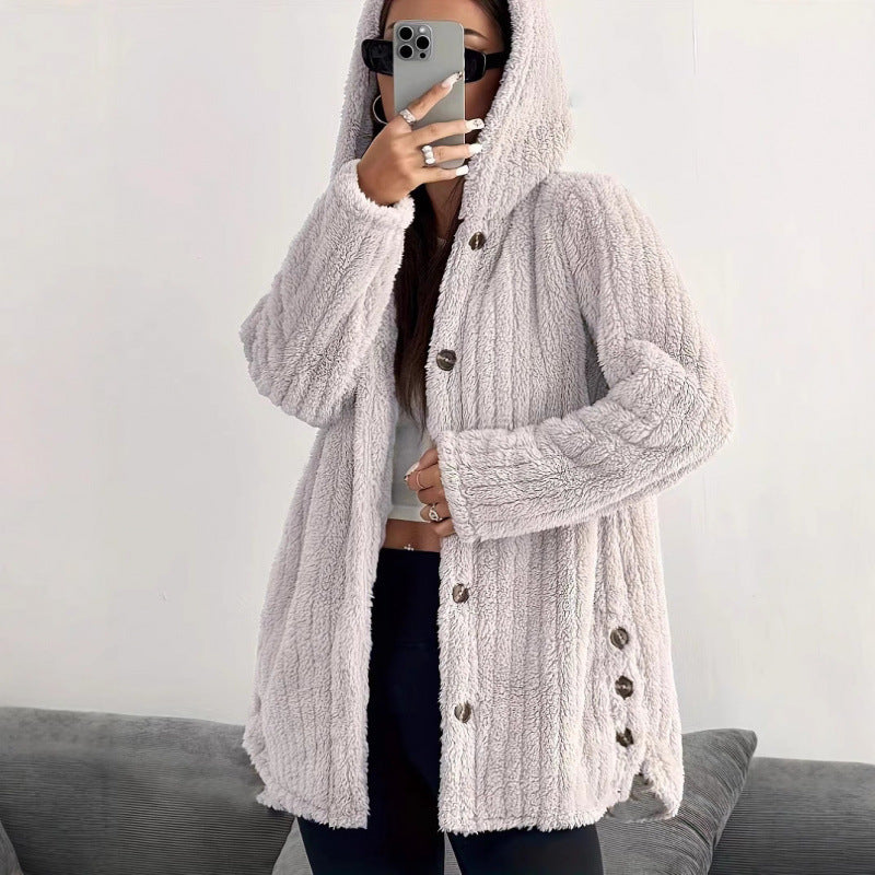 Hooded Sherpa Fleece Jacket with Button Closure