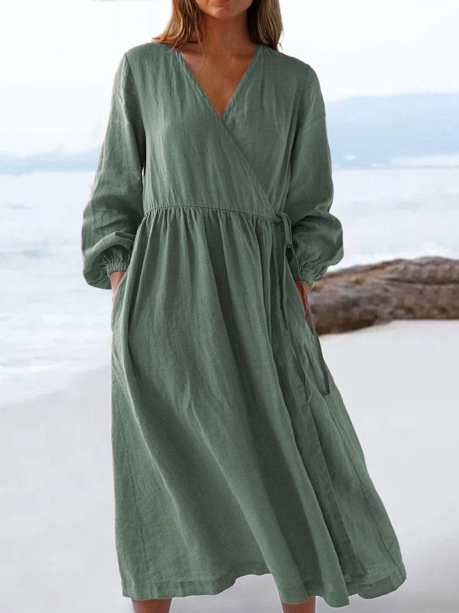 Women's Linen V Neck Long Sleeve Maxi Dress Casual Summer