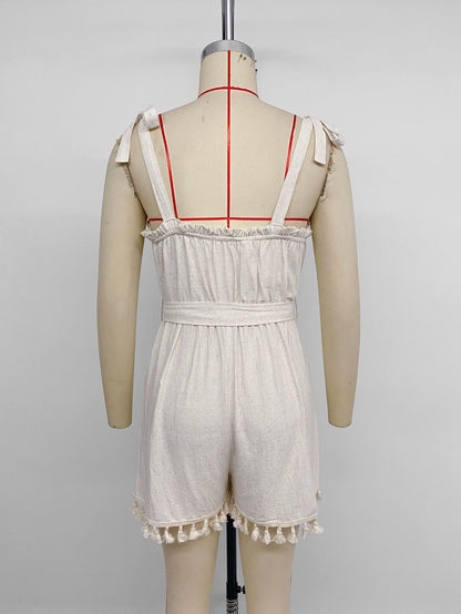 Boho Tassel Tie Strap Romper Sleeveless Resort Jumpsuit
