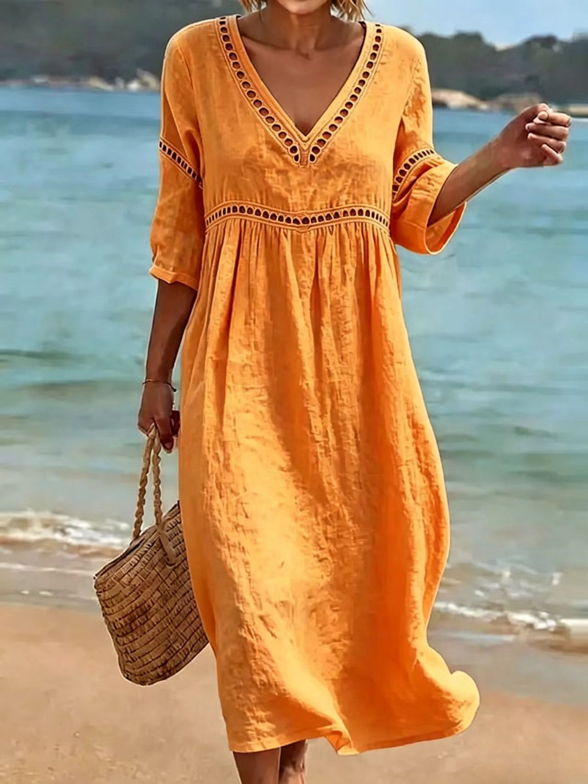 Women's V-Neck Eyelet Midi Dress Flowy 3/4 Sleeve