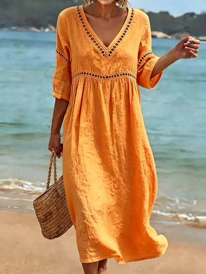 Women's V-Neck Eyelet Midi Dress Flowy 3/4 Sleeve