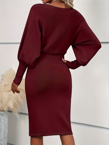 Burgundy Bell Sleeve Bodycon Sweater Midi Dress