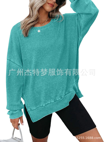 Waffle Split Hem Sweatshirt Women Casual Long Sleeve Top
