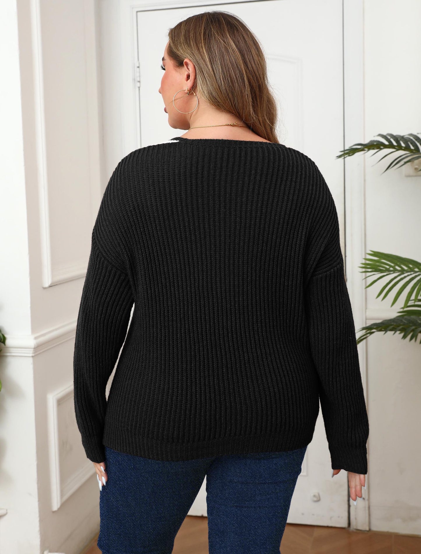 Plus Size V Neck Knit Sweater with Pearl Detail Color Block