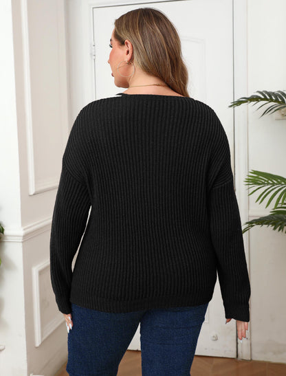 Plus Size V Neck Knit Sweater with Pearl Detail Color Block