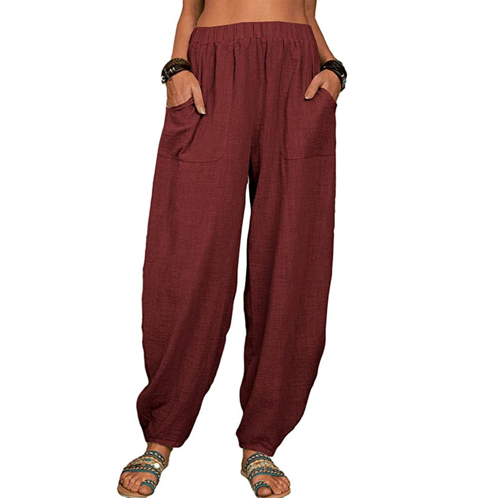 Women's Linen Harem Pants High Waist Loose Casual Boho
